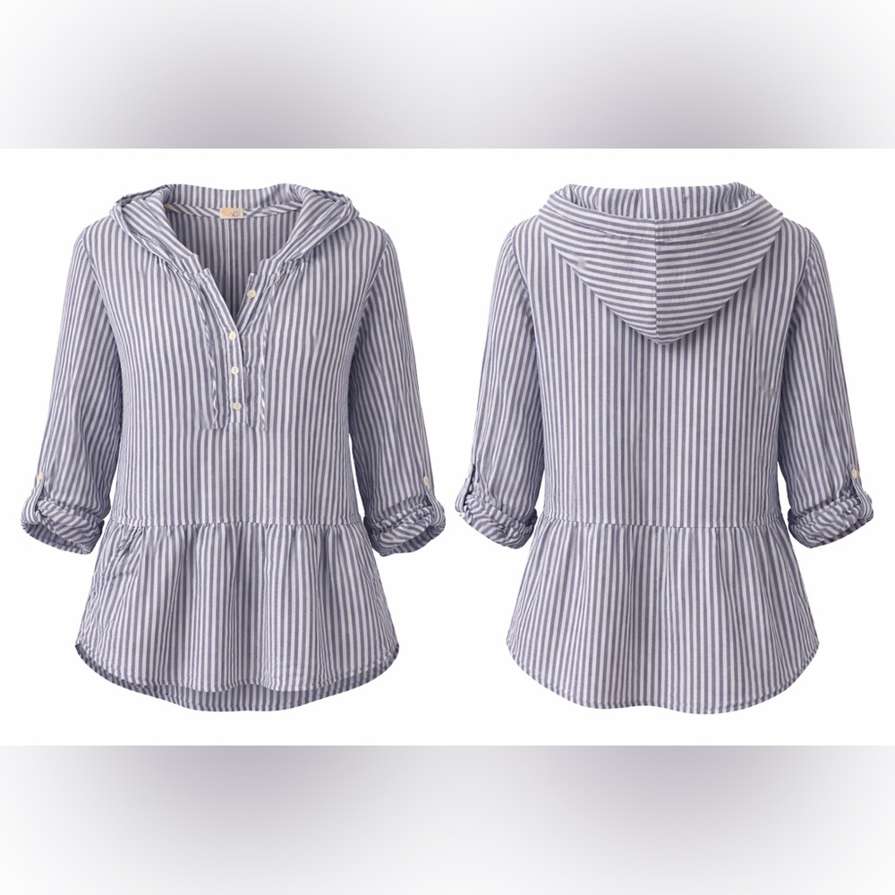 C&C California Blue White Striped Linen Hooded Top Size M